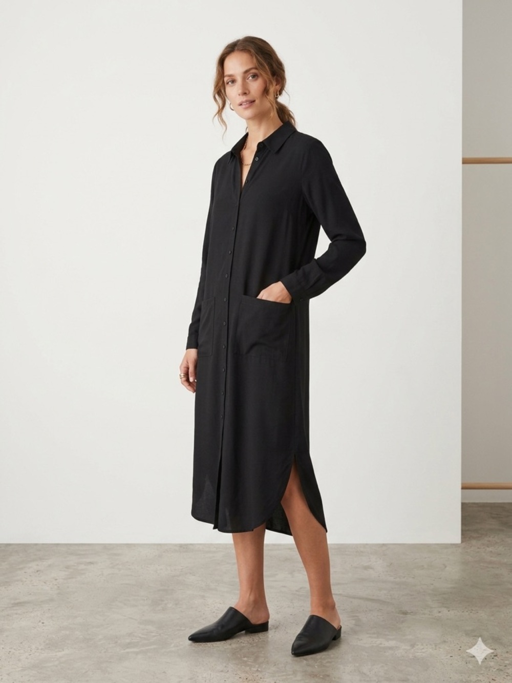Whistles Black Midi Shirt Dress w/ Pockets Size 10 Lagenlook Relaxed Minimalist